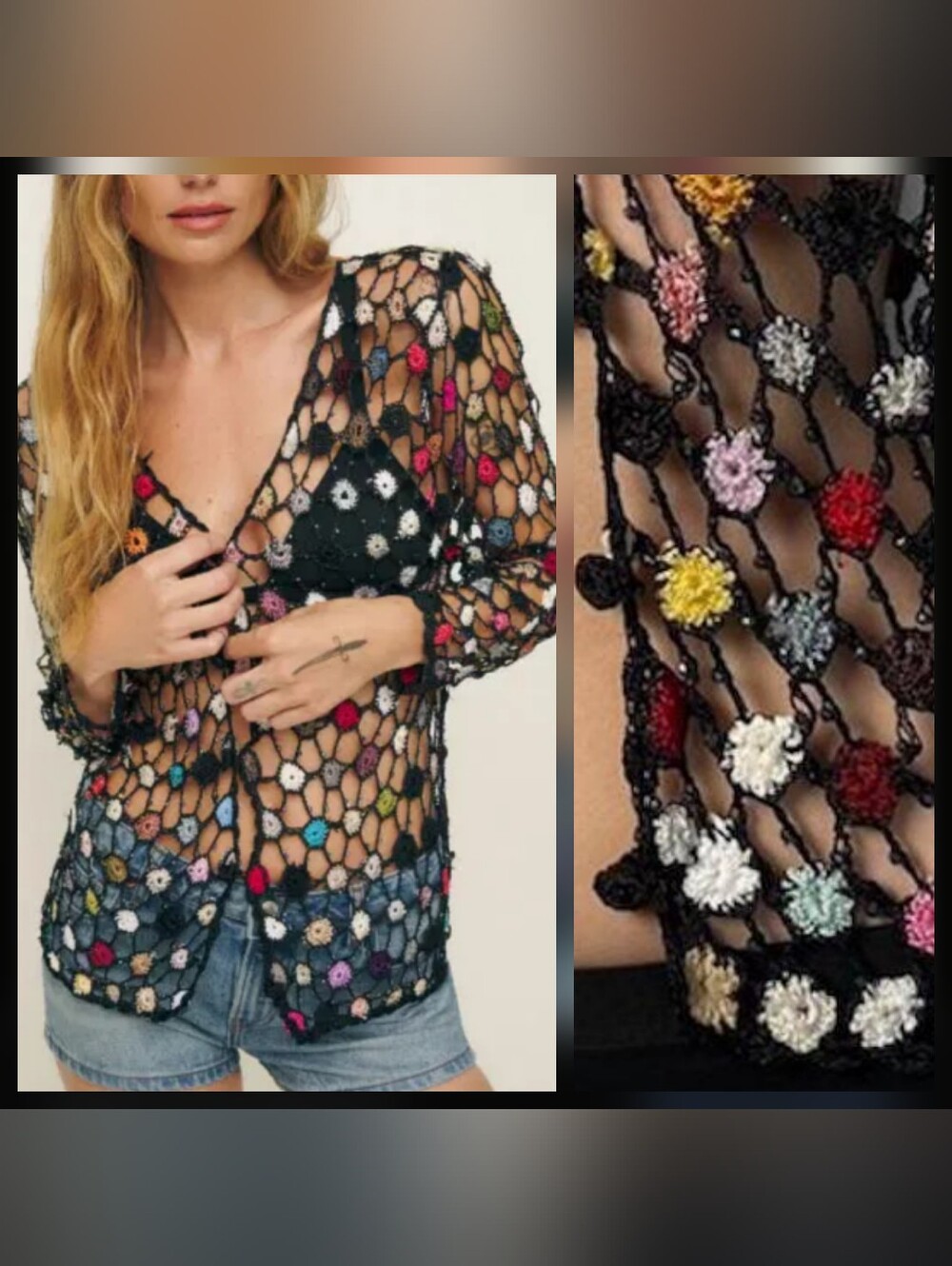 Black Crochet Floral Button Cardigan